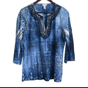 Womens Chicos Blue 3/4 Sleeve  Pullover V-neck Beaded Top Size 2 (Large)